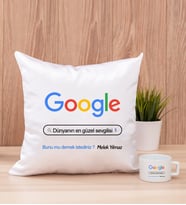 Kişiye Özel Google Tasarım Esprili Kare Yastık ve Fincan