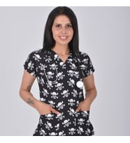 Unisex Siyah Kuru Kafa Desenli Esnek  Likralı Doktor Aşçı Hemşire Scrubs Cerrahi Tek  Üst Forma