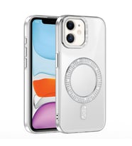 iPhone 11 Kılıf Pırlanta Taş Tasarımlı M-safe Şarj Özellikli Karetta Silikon Kapak (Gümüş)