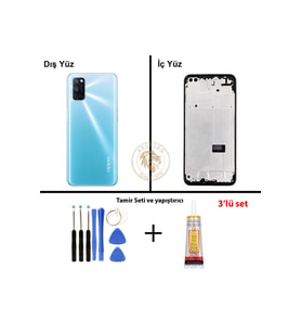 Oppo A72 Mavi Uyumlu Lensli Orta Kasa + Yapıştırıcı ve Vida Seti Full Kasa Kapak Gövde Housing