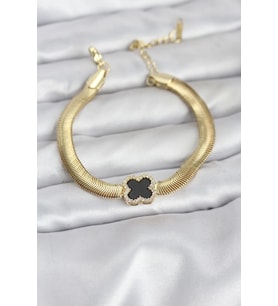 316L Çelik Gold Renk Siyah Yonca Model Zirkon Taşlı Yılan Zincirli Kadın Bileklik - TJ-BB8156