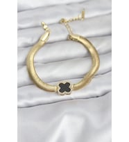 316L Çelik Gold Renk Siyah Yonca Model Zirkon Taşlı Yılan Zincirli Kadın Bileklik - TJ-BB8156