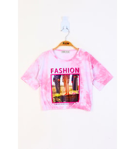 Toontoy Kız Çocuk Batik Desenli Fashıon Baskılı Crop Tişört (Pembe)
