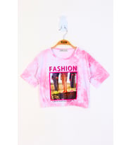 Toontoy Kız Çocuk Batik Desenli Fashıon Baskılı Crop Tişört (Pembe)