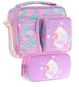 Kaukko Kids Kız Çocuk Mor Yeşil Denizkızı Üç Bölmeli Thermo Beslenme Çantası ve Kalemlik Seti (L7225+L8225)
