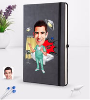 BK Gift Kişiye Özel Erkek Cerrah Karikatürlü Siyah Termo Deri Defter 16x24cm Model 1