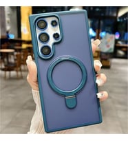 Coverzone Samsung Galaxy S24 Ultra ile Uyumlu Mat Transparan PhaqntomRing MagSafe Destekli Standl? K?l?f, Kamera Lens Hediyeli Darbe Emici ??k Tasar?m Dark Blue