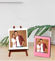 Kişiye Özel Fotoğraflı Ahşap Masaüstü Şövale Ve Pembe Çerçeve Set