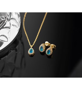 925 Ayar Gümüş Aralık Ayı Doğum Taşı ( Blue Topaz ) Kolye - Küpe Seti