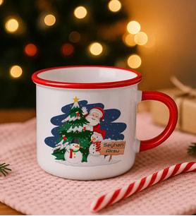BK Gift Kişiye Özel İsimli Yılbaşı Tasarımlı Kırmızı Emaye Kupa Bardak -1, Arkadaşa Hediye, Yeni Yıl Hediyesi