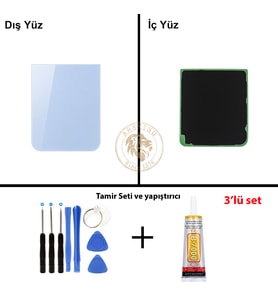 Samsung Galaxy Z Flip 5 Mavi Renk Arka Kapak + Tamir Seti + B7000 Yapıştırıcı Arka Cam Batarya Kapağı Pil Kapağı Lazer Kesim Back Cover Galaxy Z Flip 5 Uyumlu