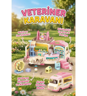 Eğitici Dönüşebilen Oyuncak Veteriner Karavanı Oyun Seti 26 Parça Müzikli Evcil Hayvan Bakım Pet Spa
