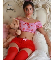 Intive Fantasy Feminen Kalp Desenli Büstiyerli Mini Etekli Transparan Takım (Kırmızı)