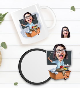 BK Gift Kişiye Özel Kadın Öğretmen Karikatürlü Beyaz Kupa ve Ahşap Bardak Altlığı Hediye Seti-2