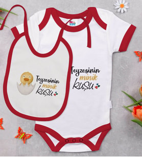 BK Kids Teyzesinin Minik Kuşu Tasarımlı Kırmızı Bebek Body Zıbın ve Mama Önlüğü Hediye Seti-1