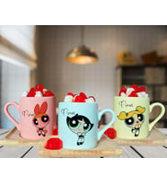 Power Puff Girls Arkadaş Tasarımlı Pembe-Yeşil-Sarı Ahşap Tabaklı Kişiye Özel Türk Kahvesi Fincanı Seti