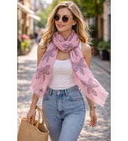 Pamuklu Fular, Tahta Baskılı, Hediyelik , El Yapımı Taşlanmış Pamuklu Fular, Moli Tasarım (Pudra Pembe)