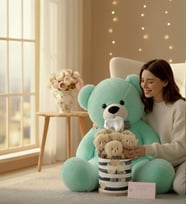 Premium 90 cm Peluş Ayı ve Silindir Kraft Kalpli Kutuda, Kalpli Balonlu 6’lı BOZ Ayıcık Buketi (Turkuaz)