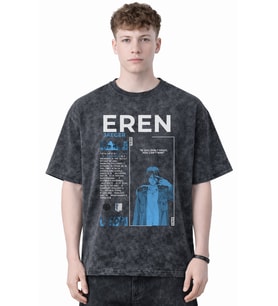 Tasarım Eren Yeager Attack On Titan Anime Baskılı Unisex Oversize Eskitme Yıkamalı Tişört