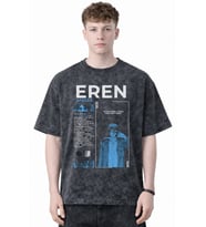 Tasarım Eren Yeager Attack On Titan Anime Baskılı Unisex Oversize Eskitme Yıkamalı Tişört