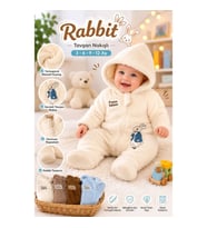 Rabbit Tavşan Nakışlı Tüylü Erkek Bebek Tulumu – Fermuarlı, Patikli 3-6-9-12 Ay