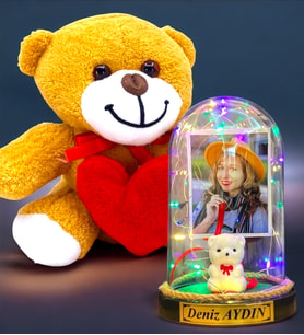 Size Özel Renkli Led Işıklı Fanus ve Kalpli Peluş Ayıcık Hediye Seti (Model 1)