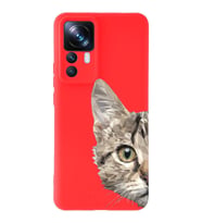 Xiaomi Mi 12T Pro Uyumlu Lansman Kılıf Catface Tasarımlı İçi Kadife Kapak-Kırmızı (Şeffaf)
