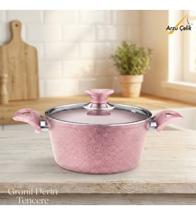 ARZU ÇELİK 24 Cm Granit Derin Tencere Cam Kapak - Pembe