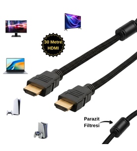 30 Metre Ekstra Koruma Hasır Örgülü Altın Uçlu Parazit Filtreli (Ferrit Çekirdek) HDMI Kablo
