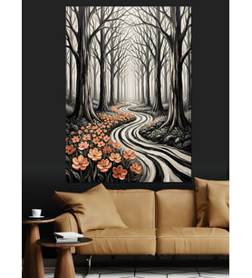 Ormanda Çiçekli Yol Ve Ağaçlar Dekoratif Kanvas - Mdf Ahşap Tablo
