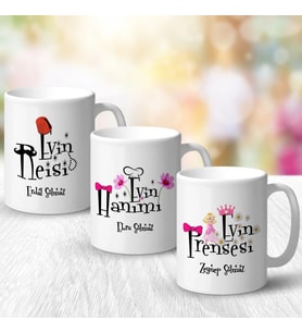 BK Gift Kişiye Özel 3'lü Evin Reisi, Hanımı ve Prensesi Tasarımlı Beyaz Kupa Bardak Seti