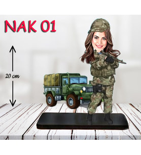 Kişiye Özel Ahşap Biblo - Kadın Asker Karikatür Biblo