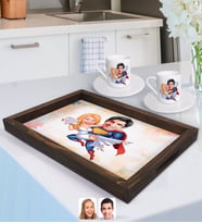 BK Gift Kişiye Özel Sevgililer Karikatürlü Doğal Ahşap Tepsi ve 2’li Kahve Fincan Seti-92