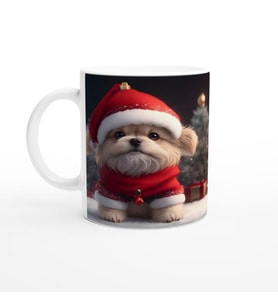 Kırmızı Şapkalı Mini Noel Köpeği Baskılı Kupa Bardak