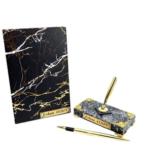 Premium İsimli Özel Ofis Seti - Mermer Tasarımlı Defter ve Mermer Tasarımlı Kaideli İmza Kalemli (Model 2)