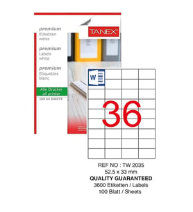 Bilgisayar Etiketi Tw-2035 52,5x33 mm 100 Lü Lazer Etiket 1 Paket Tanex Davetiye Kargo Koli Kutu Etiketi (Beyaz)