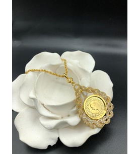 22 ayar altın kaplama kadın gold zirkon taşlı halat zincirli çeyrekli kolye modeli