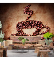 Kahve Çekirdekli Fincan Desenli Cafe Duvar Kağıdı Baskı