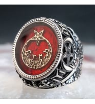 925 Ayar Gümüş Kırmızı Mineli  Ayyıldızlı Vatan Yazılı Yüzük