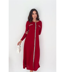 Neşeli butik kadın kırmızı taş şerit detaylı uzun kol midi boy günlük elbise NBK4343