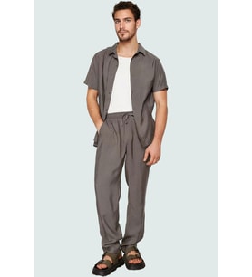 Erkek Regular Fit Pantolon Düz Desen Normal Bel Lastikli Beli Rahat Günlük Kombinler Hafta Sonu (Haki)