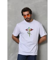 Unisex Bisiklet Yaka Baskılı Oversize T-Shirt - Beyaz
