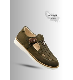 Sermoda Çocuk Sandalet - Cırtlı Süet Yumuşak Taban Erkek Çocuk Sandalet Haki