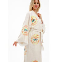 Müslin Kimono %100 Pamuklu Göz Baskılı Desenli Bornoz Kaftan Sabahlık (Ekru)