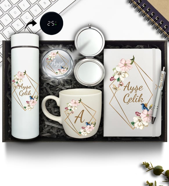 Kişiye Özel Dereceli Termos & Beyaz Defter & Beyaz Kupa & Krom Ayna & Beyaz Kalem Hediye Seti