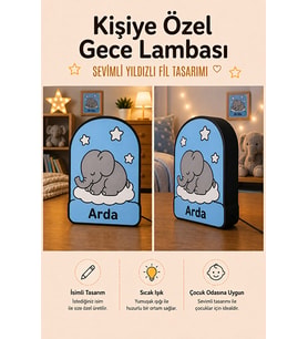 Kişiye Özel İsimli Yıldızlı Uyuyan Fil Gece Lambası Sıcak Işıklı Çocuk ve Bebek Odası Dekoru