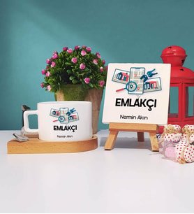 Emlakçı Tasarımlı Kişiye Özel Hediye Emlakçı Ahşap Altlıklı Fincan ve Dekoratif Taş Baskı Hediye Seti