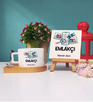 Emlakçı Tasarımlı Kişiye Özel Hediye Emlakçı Ahşap Altlıklı Fincan ve Dekoratif Taş Baskı Hediye Seti