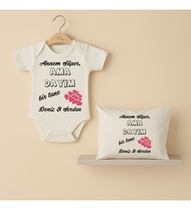 Pia Baby B25 %100 Pamuk Annem Süper Ama Dayım Bir Tane Yazılı İsme Özel Bebek Body Ve Yastık Kılıfı (Ekru)