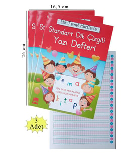 Güzel Yazı Defteri Orta Boy Dik Çizgili 16,5x24 cm 24 Yaprak 3 Adet Standart Dik Çizgili Yazı Defteri Dik Temel Harflerle 1. Sınıf (Çok Renkli)